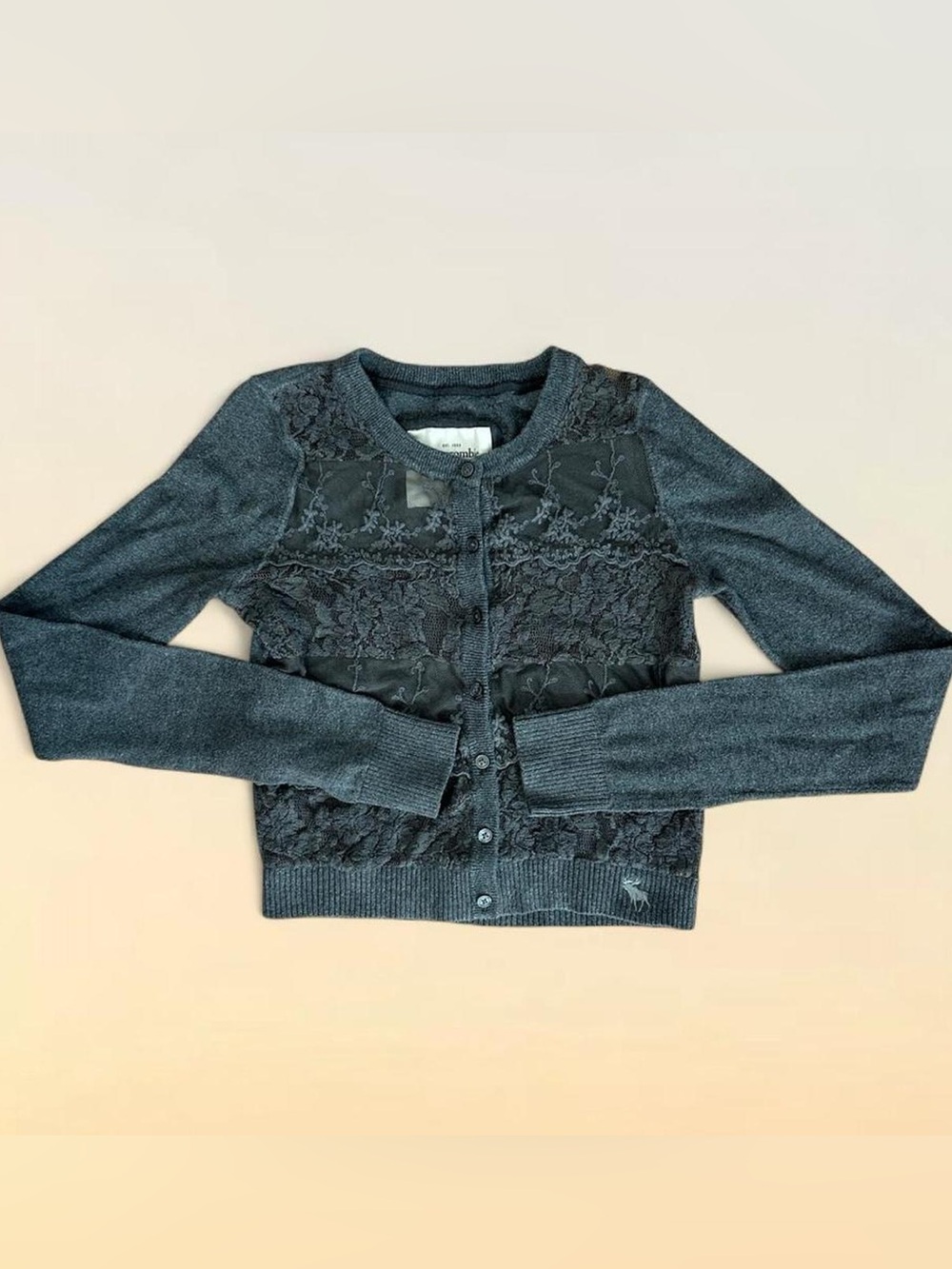 VTG Y2K Abercrombie & Fitch Gray Knit Lace Detail Cardigan SZ XS Romantic
